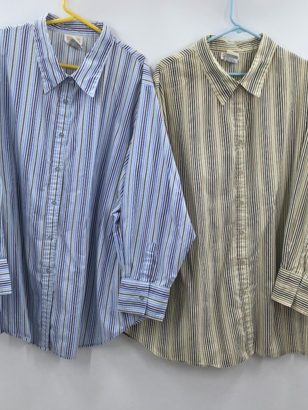2 Women's 3X Striped Button Down Shirts Cotton Blend Office Casual Blue Beige